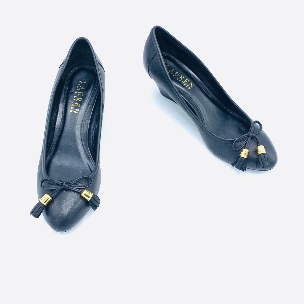 Ralph Lauren Bess Black Leather Wedge Sz 8B